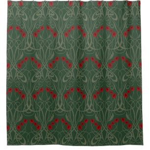 Art Nouveau Geometric Poppies and Sinuous Stems Shower Curtain