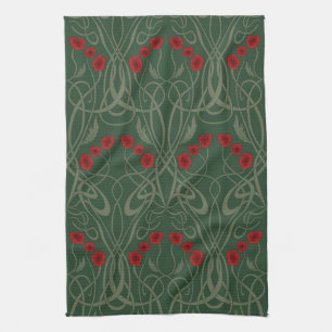Art Nouveau Geometric Poppies and Sinuous Stems Tea Towel