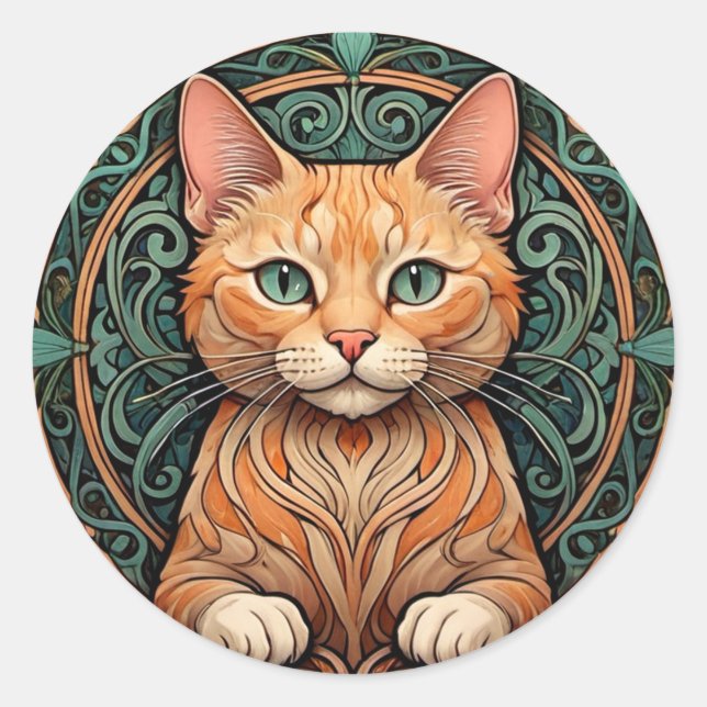 Art Nouveau Ginger Cat Classic Round Sticker (Front)
