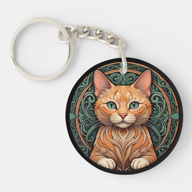 Art Nouveau Ginger Cat Personalise Key Ring (Front)