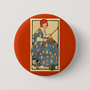 Art Nouveau -Girl knitting with her cat 6 Cm Round Badge