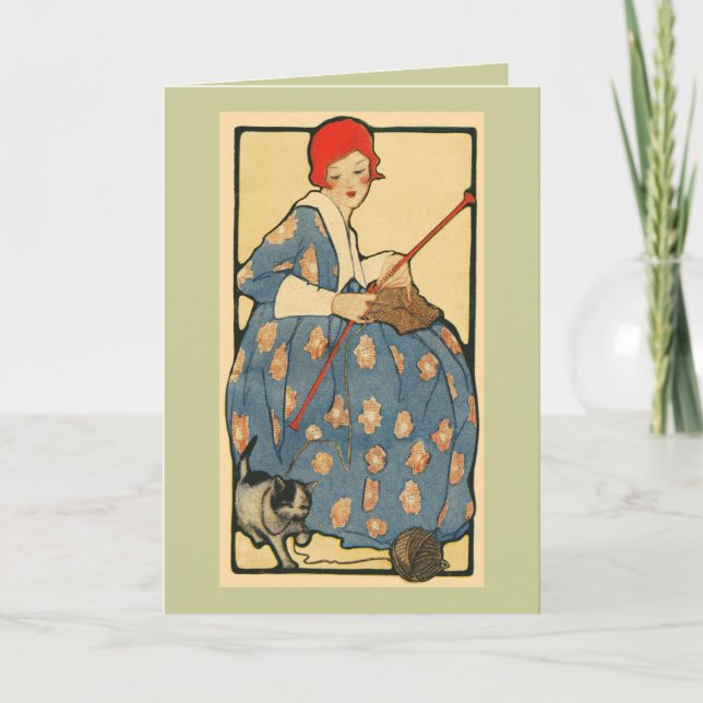 Art Nouveau -Girl knitting with her cat Card (Front)