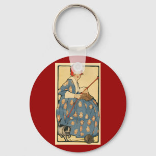 Art Nouveau -Girl knitting with her cat Key Ring