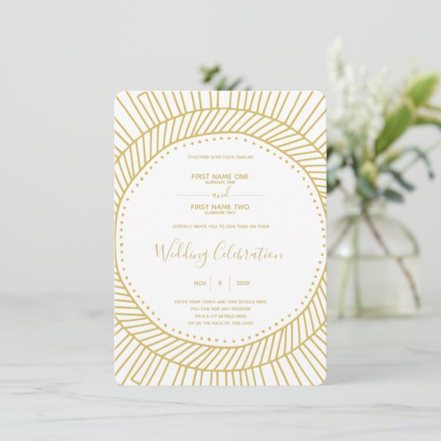 Art nouveau gold and white wedding invitation (Standing Front)