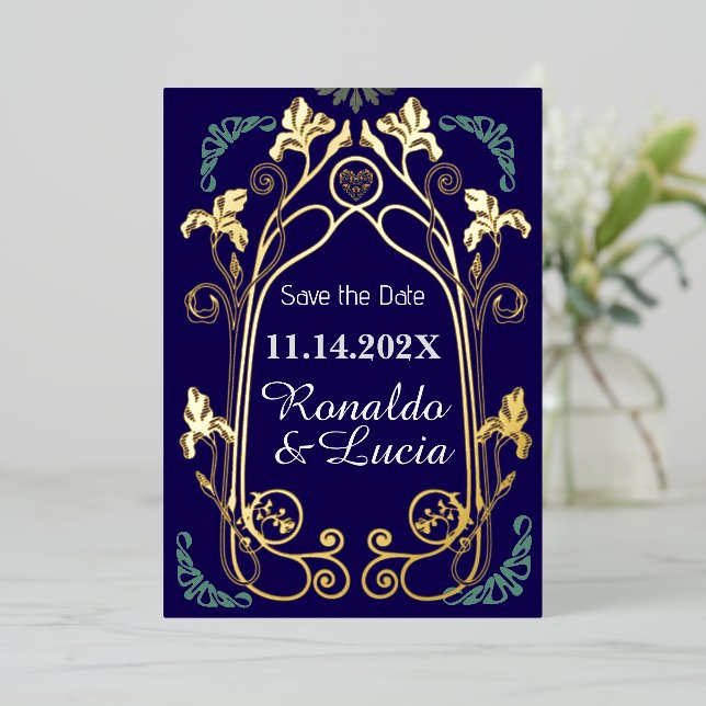Art Nouveau Gold Blue Botanical Save the Date (Standing Front)