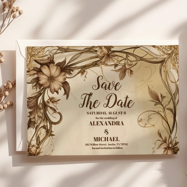 Art Nouveau Gold Botanical Wedding Save The Date (Creator Uploaded)