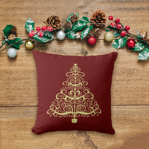 Art Nouveau Gold Christmas Tree on Maroon Cushion