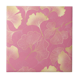 Art Nouveau Gold Ginkgo Leaf Blush Pattern Ceramic Tile