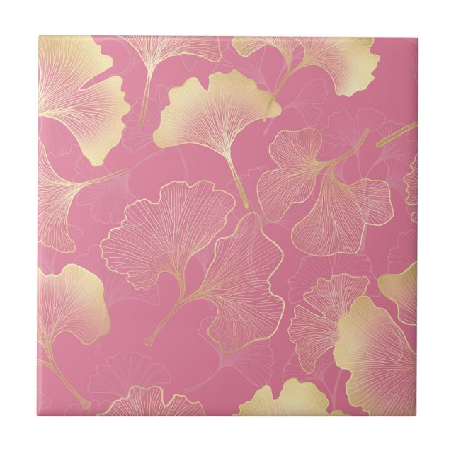 Art Nouveau Gold Ginkgo Leaf Blush Pattern Ceramic Tile (Front)