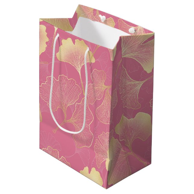 Art Nouveau Gold Ginkgo Leaf Blush Pattern Medium Gift Bag (Front Angled)