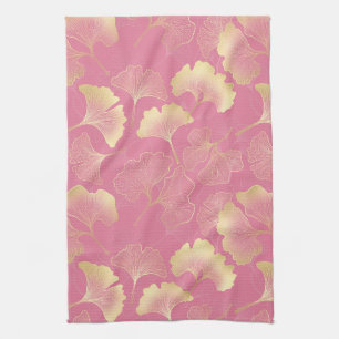 Art Nouveau Gold Ginkgo Leaf Blush Pattern Tea Towel