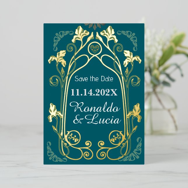 Art Nouveau Gold Green Botanical Save the Date (Standing Front)