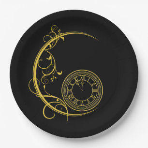 Art Nouveau Gold New Years Clock Paper Plate