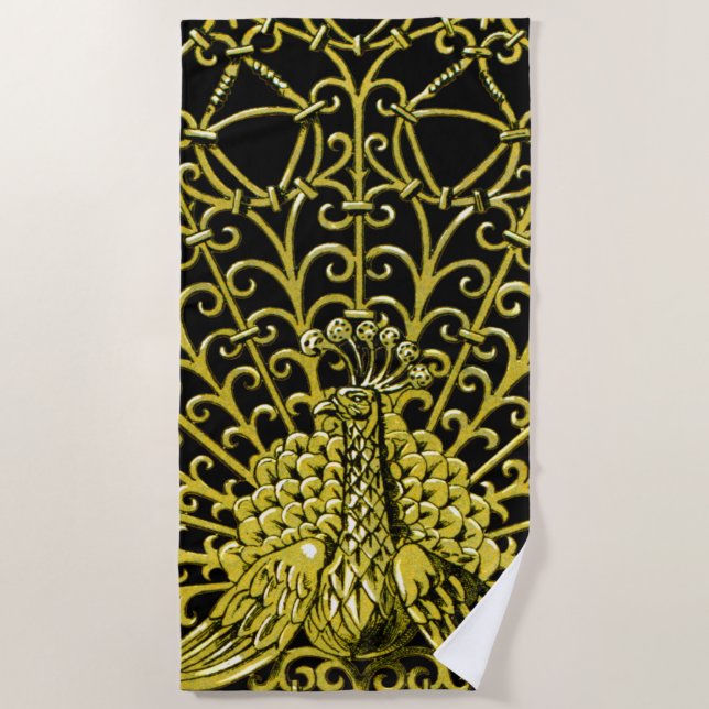 Art Nouveau Gold Peacock Beach Towel (Front)