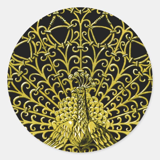 Art Nouveau Gold Peacock Classic Round Sticker (Front)