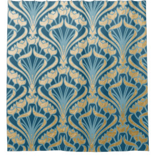 Art nouveau,gold,teal,pattern,damask,Victorian,bel Shower Curtain