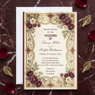 Art Nouveau Golden Burgundy Roses Classic Wedding Invitation