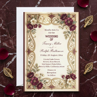 Art Nouveau Golden Burgundy Roses Classic Wedding Invitation