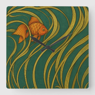 Art Nouveau Goldfish Square Wall Clock