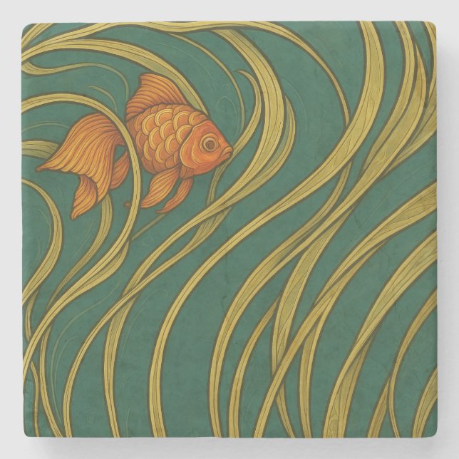 Art Nouveau Goldfish  Stone Coaster (Front)