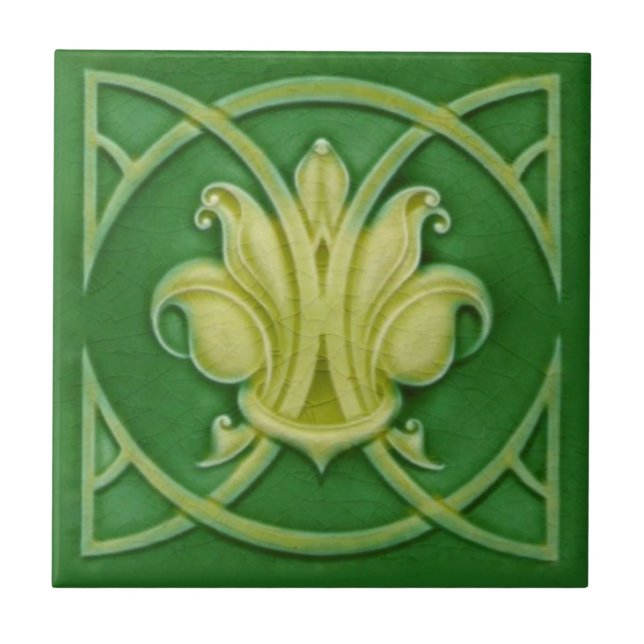 Art Nouveau Gothic Green Fleur de Lis Repro Tile (Front)
