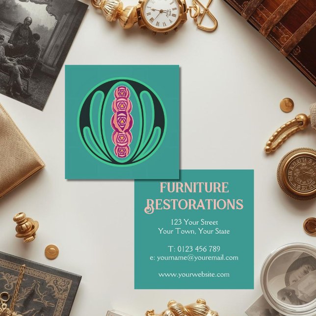 Art Nouveau Green Cream Square Business Card (Art nouveau business card perfect for an antique dealer, furniture restoration, interior designer.)