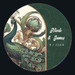 Art Nouveau Green Emerald Vintage Peacock Wedding Classic Round Sticker<br><div class="desc">customise with any text.</div>