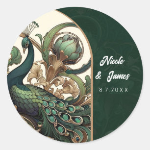 Art Nouveau Green Emerald Vintage Peacock Wedding Classic Round Sticker