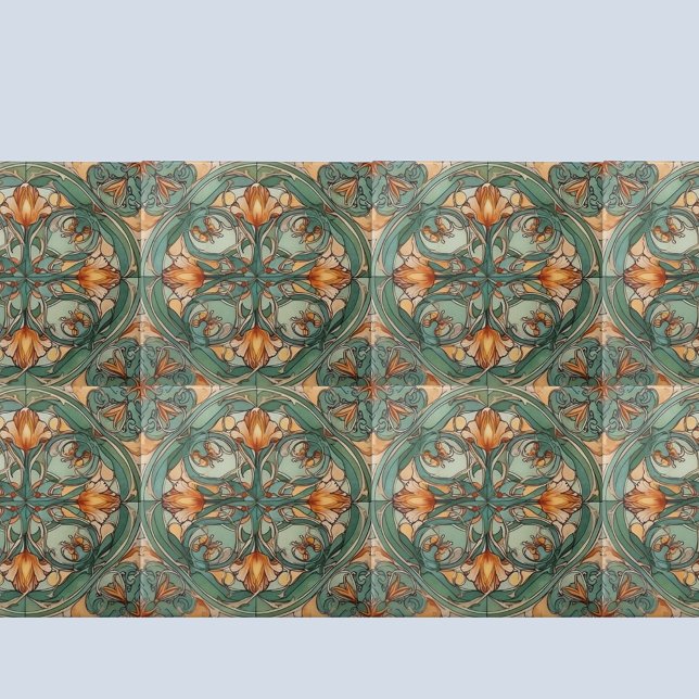 Art Nouveau Green Floral Motif Ceramic Tile (Creator Uploaded)