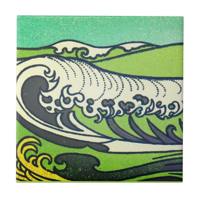 Art Nouveau Green Sea Waves 1 Ceramic Tile (Front)