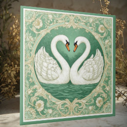 Art Nouveau Green Swan Couple Lake Floral Motifs Ceramic Tile