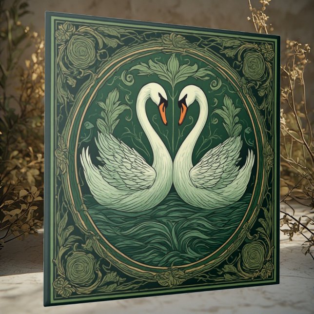 Art Nouveau Green Swan Lover Couples Ethereal Lake Ceramic Tile (Art Nouveau Green Swan Lover Couples Ethereal Lake Ceramic Tile)