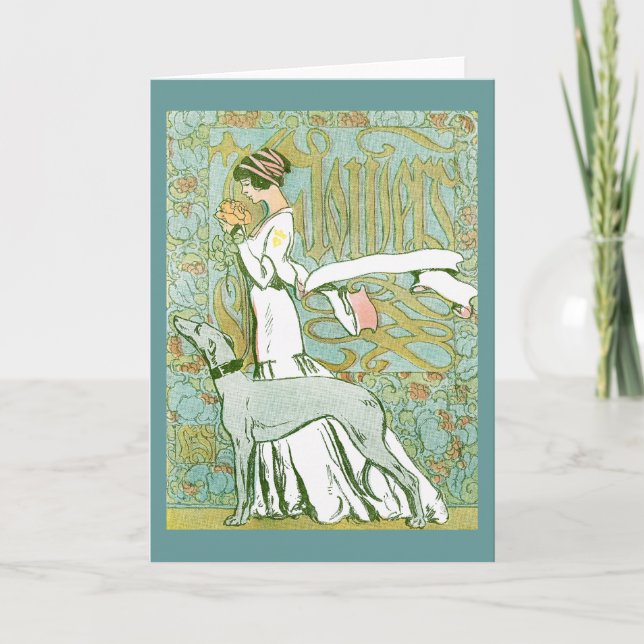 Art Nouveau Greyhound and Lady with Flower Card (Front)