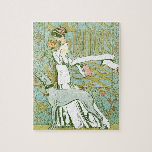 Art Nouveau Greyhound and Lady with Flower Jigsaw Puzzle (Vertical)