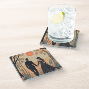 Art Nouveau Happy Romance Couple Whimsical Forest Glass Coaster