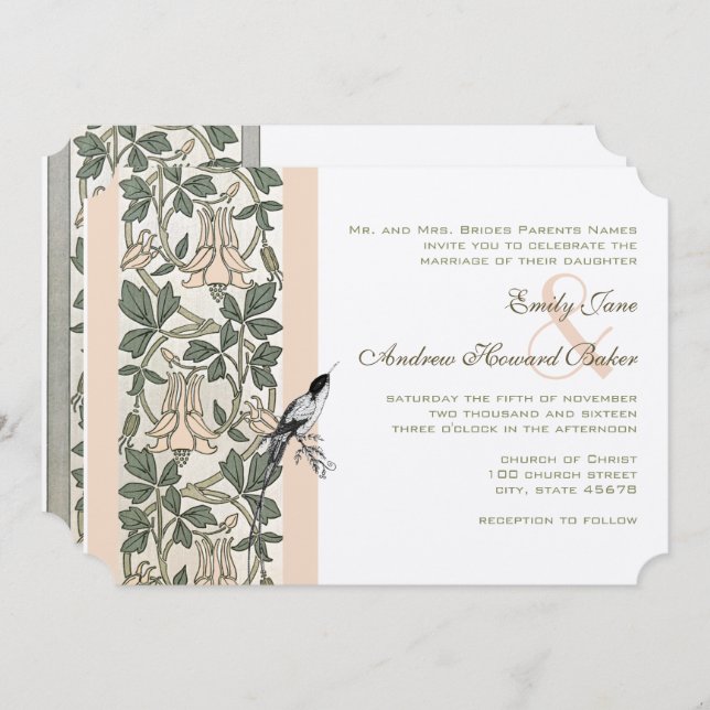 Art Nouveau HoneySuckle Hummingbird Wedding  Invitation (Front/Back)
