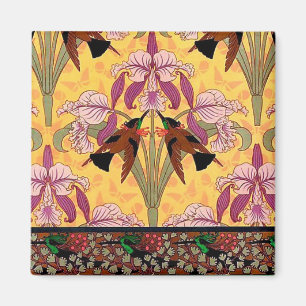 Art nouveau hummingbird and flower tile pattern magnet