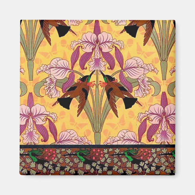 Art nouveau hummingbird and flower tile pattern magnet (Front)