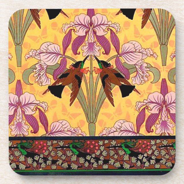 Art nouveau hummingbird and flower verneuil tile  coaster (Front)