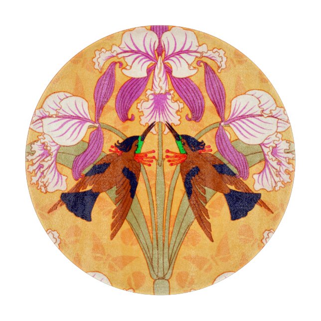 Art nouveau hummingbird and orchid flower cutting board (Front)
