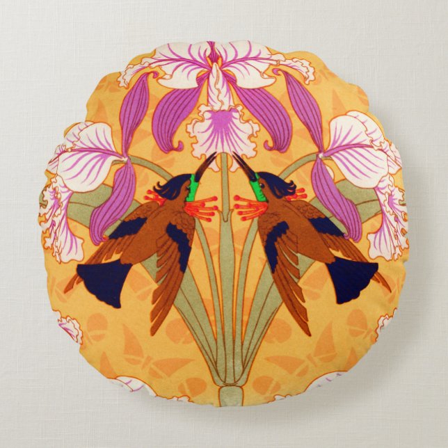 Art nouveau hummingbird and orchid flower round cushion (Front)