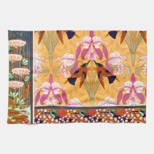 Art nouveau hummingbird and orchid flower tea towel