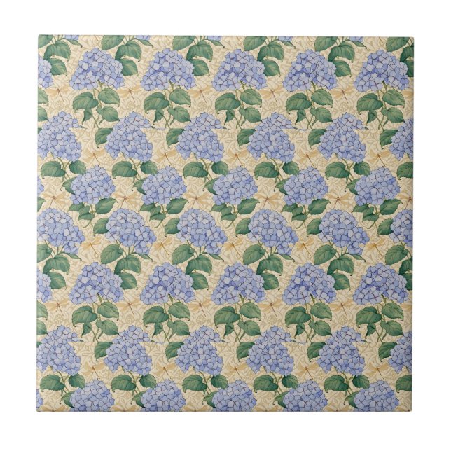 Art Nouveau Hydrangea Pattern with Dragonflies Ceramic Tile (Front)