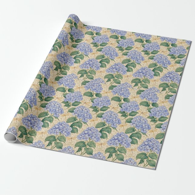 Art Nouveau Hydrangea Pattern with Dragonflies Wrapping Paper (Unrolled)