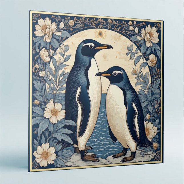 Art Nouveau Ice Birds Penguin Couple Floral Decor  Ceramic Tile (Art Nouveau Ice Birds Penguin Couple Floral Decor Ceramic Tile)