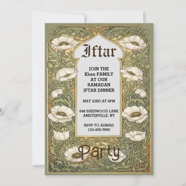 Art Nouveau Iftar Poppy Flower Invitation (Front)