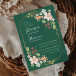 Art Nouveau Illustrated Floral Wedding Invitation<br><div class="desc">Illustrated florals with art nouveau stems and rounded gold border on custom colour background (forest green)</div>