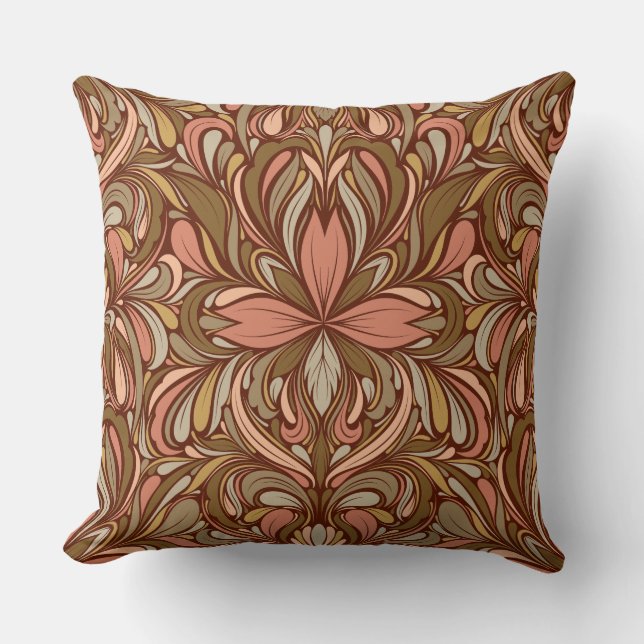 Art Nouveau Inspired Brown, Peach, Sage Cushion (Front)