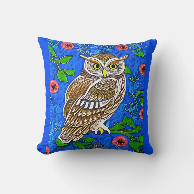 Art Nouveau Inspired Owl, Brown on Cobalt Blue Cushion (Front)