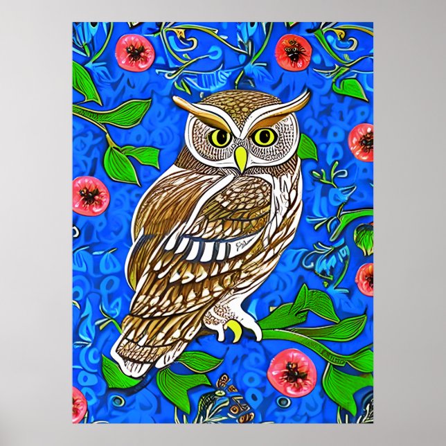 Art Nouveau Inspired Owl, Brown on Cobalt Blue Poster (Front)